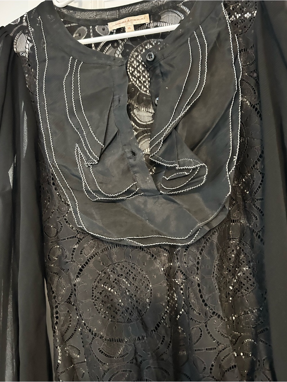 Sheer Black Lace-Trim Bodyblouse